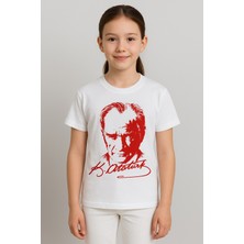 Sibel Günay Butik Atatürk Portre ve Imzalı Çocuk Tişört | Unisex | Beyaz |  Pamuk