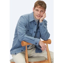 Kip Mavi Düz Regular Fit Dokuma Yün Karışımlı Overshırt