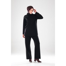 Plistre 2285_KADIN Taş ve Tül Şerit Işlemeli Dik Yaka Tunik ve Boru Paça Pantolon Takımı -Esnek Kumaş, Siyah