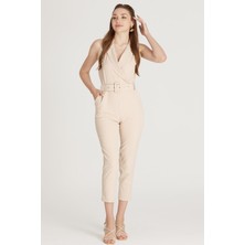 Kaside Manga Moda Kuşaklı Kolsuz Tulum M1733 Bej