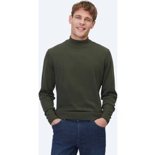 Kip Haki Yarım Balıkçı Yaka Jakarlı Yün Karışımlı Triko Kazak