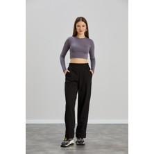 Sortie Collection Kadın Beli Lastikli Yüksek Bel Geniş Paça Regular Kalıp Iki Iplik Siyah Eşofman Altı