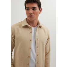 Tudors Erkek Slim Fit Dar Kesim Uzun Kollu Düz Kışlık Oduncu açık Bej Gömlek