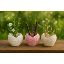 3'lü El Yapımı Dekoratif Saksı Handmade Taş Tozu Kalpli Tasarım Mumluk Kalemlik Sukulent Obje 8cm