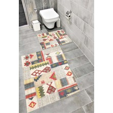 Home Kaymaz Tabanlı Suya Dayanıklı Dijital Baskılı Banyo Paspası Takımı | Bordo Halı 1581