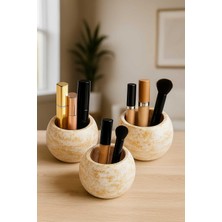 3'lü Handmade Saksı - El Yapımı Taş Tozu Yuvarlak Takı Makyaj Standı Kalemlik Mumluk Gold Sukulent