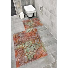 Home Kaymaz Tabanlı Suya Dayanıklı Dijital Baskılı Banyo Paspası Takımı | Bordo Halı 1620