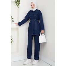 Harma Time Butik Kadın Düğmeli Kuşaklı Lacivert Ikili Takım