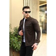 Pobudo Koyu Toprak Renk Çıtçıt Düğmeli Kot Gömlek