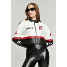 Black Level Kadın Deri Oversize Baskılı Motorcu Montu Garnili Kolej Mont Yarışçı Montu Motorcu Ceketi Kırmızı