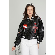 Black Level Kadın Baskılı Kolej Mont Bomber Ceket Deri Mont Oversize Deri Biker Yarışçı Motorcu Deri Ceket