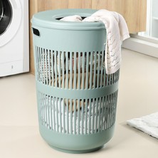 Meleni Home 60 Litre Solara Yuvarlak Kirli Sepeti - Kapak Detaylı Banyo Düzenleyici Sepet Çamaşır Sepeti Yeşil