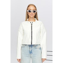 Black Level Kadın Oversize Fermuarlı Yaka Çıt Çıtlı Omuz ve Etek Dolgu Desenli Kolej Yarışçı Ceket Motorcu Mont