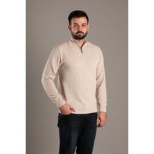 Zeki Özer Erkek Bej Dokulu Dik Yaka Fermuarlı Triko