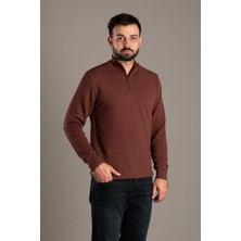 Zeki Özer Erkek Kahve Dokulu Dik Yaka Fermuarlı Triko