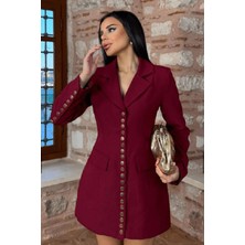 Cemo  Kadın Bordo Çıt Çıt Gold Düğmeli Mini Ceket Elbise