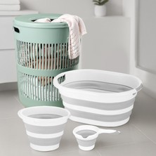 Meleni Home 4'lü Set - 60 Lt Solara Kirli Sepeti Yeşil, Katlanabilir Silikon Çamaşır Sepeti, Su Kovası, Maşrapa