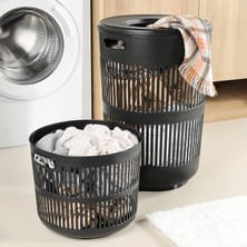 Meleni Home 2'li Solara Çamaşır Sepeti Seti - 60 Lt Kapak Detaylı Kirli Sepeti, 22 Lt Çamaşır Sepeti Siyah