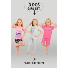 Vitmo Kız Çocuk 3'lü %100 Pamuklu 4-5-6 Yaş Pijama Takımı MODEL:126
