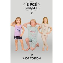 Vitmo Kız Çocuk 3'lü %100 Pamuklu 4-5-6 Yaş Pijama Takımı MODEL:125