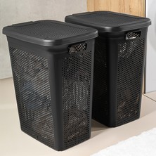 Meleni Home 2'li Kirli Çamaşır Sepeti Seti - 40 Litre Kapaklı Delik Detaylı Stash Slim Kirli Sepeti Siyah