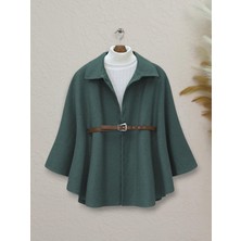 Omuzu Düğmeli Beli Kemerli Kaşe Panço