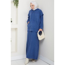 İlkimay.com Kapüşonlu Tunik Elbise Triko Takım 1645 - Mavi