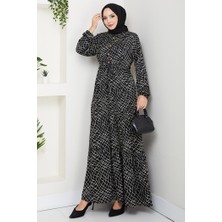 İlkimay.com Çizgi Desen Yarım Düğmeli Elbise 1630 - Siyah