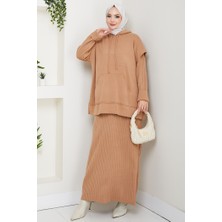 İlkimay.com Kapüşonlu Tunik Elbise Triko Takım 1645 - Vizon