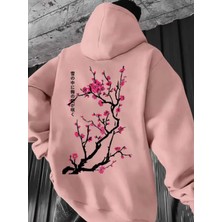 Amor Man Büyük Beden Özel Tasarım Kapüşonlu Pembe Kiraz Çiçeği Sırt Baskılı Japon Stil Erkek Sweatshırt