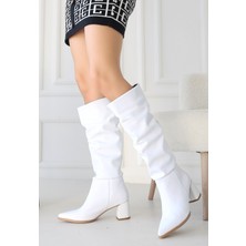 Alfaze Sivri Burun Diz Altı Körüklü Topuklu Çizme Cilt Beyaz Topuk Boyu 6 cm