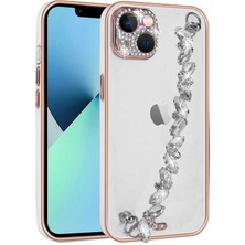 iPhone 13 Kılıf Taş Süslemeli Kamera Korumalı El Tutamaçlı Aden Blazer Kapak-Beyaz