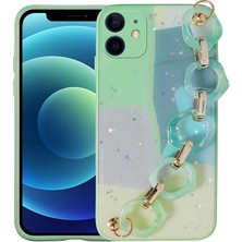 iPhone 12 Kılıf Simli Desenli El Askılı Tutacaklı Aden Elsa Silikon Kapak-Yeşil