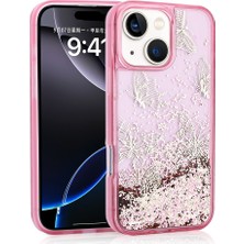 iPhone 15 Uyumlu Kılıf Sıvılı Simli Kelebek Baskılı Şeffaf Arka Yüzey Aden Glis Silikon Kapak-Pembe