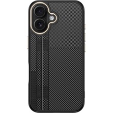 iPhone 16 Plus Kılıf M-Safe Şarj Özellikli Karbon Fiber Görünümlü Aden Antina Kapak - Siyah-Gri