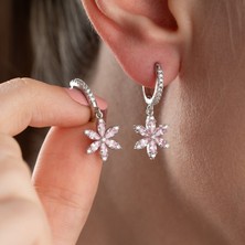 Vaoov 925 Ayar Gümüş Pembe Taşlı Çiçek Küpe