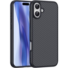 iPhone 16 Plus Kılıf Magsafe Şarj Özellikli Karbon Fiber Tasarımlı Aden Elnino Kapak-Siyah-Siyah
