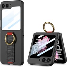Galaxy Z Flip 6 Kılıf Kamera Korumalı Yüzüklü Karbon Tasarımlı Aden Flip Ring Kıpta Kapak-Siyah