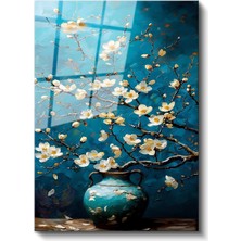 Artarilion Cam Dikey Duvar Tablosu Cam Mavi Vazodaki Çiçekler Ev Ofis Salon Modern Duvar Tablosu