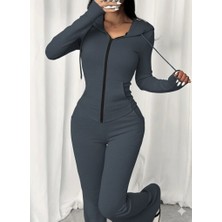 Kadın Uzun Kollu Kapşonlu Bağcıklı Önü Fermuarlı Viskon Iki Iplik Bluz ve Pantolon Ikili Takım