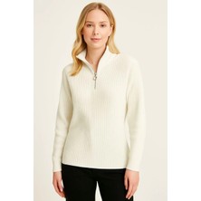 Silerra Kadın Yarım Fermuarlı Triko Kazak – Selanik Örgü, Dik Yaka, Pamuklu Dokuma, Oversize Uzun Kollu Kışlık Model - Beyaz