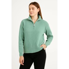 Silerra Kadın Yarım Fermuarlı Triko Kazak – Selanik Örgü, Dik Yaka, Pamuklu Dokuma, Oversize Uzun Kollu Kışlık Model - Mint Yeşili