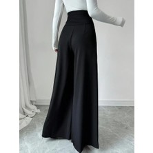 Kadın Yüksek Bel Düğmeli Geniş Paçalı Ithal Krep Pantolon