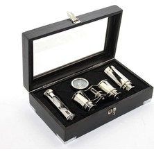 Çılgın Tahtakale Ahşap Kutulu Pirinç Dürbün Pusula ve Kum Saati Seti