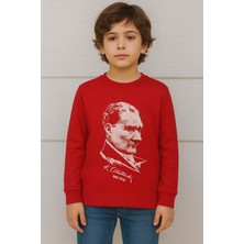 Kr Kids Butik Atatürk Portre Baskılı Kırmızı Çocuk Uzun Kollu Tişört | %100 Pamuk | 6–12 Yaş