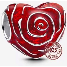 Gümüş Kırmızı Gül Kalp Charm