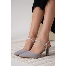 Trendella Georgina Kadın Taşlı Gri Saten Topuklu Ayakkabı