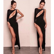 Eterella Derin Dekolteli Uzun Yırtmaçlı Elbise