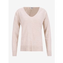 People By Fabrika V Yaka Loose Fit Düz Bej Kazak Kadın PBF5WL-KZK9519
