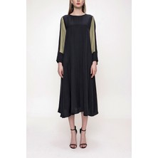 Societa Haki Siyah Kontrast detaylı midi elbise 93721